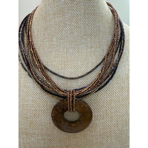 Cookie Lee Multi-Strand Brown Glass Bead Necklace W/ Acrylic Circle Pendant Boho - Picture 5 of 11